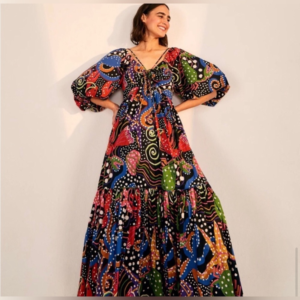 Farm Rio Under The Sea Puff Sleeve Tiered Maxi Dress (Size XS)